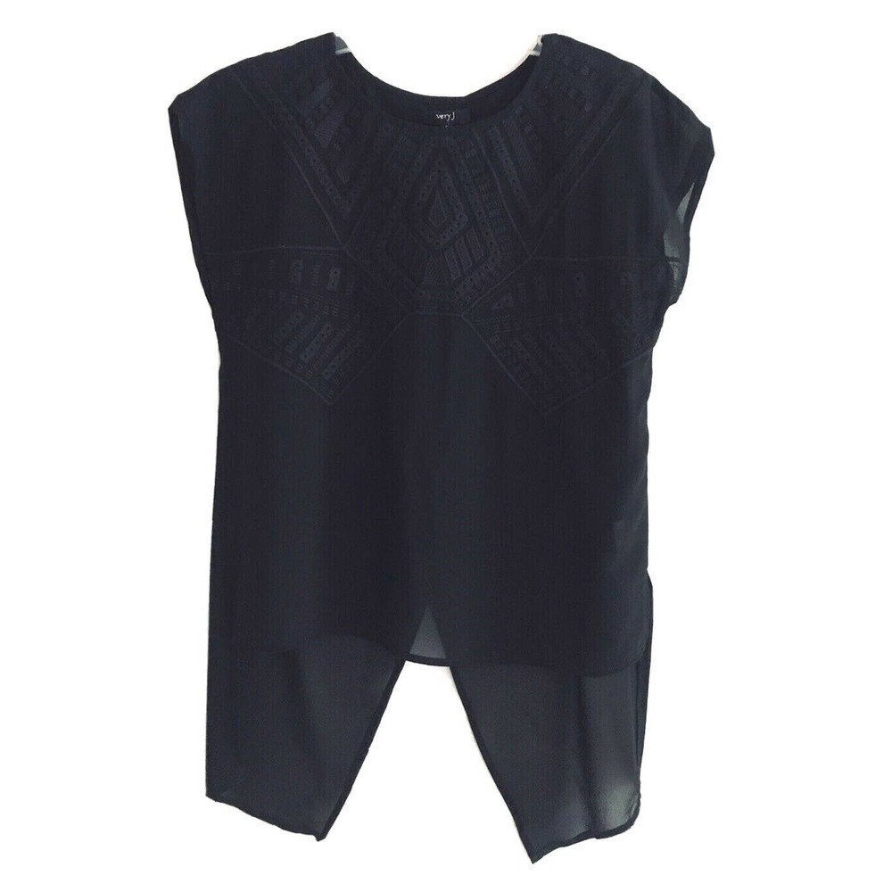 Very J | Women Size S Black Embroidered Top Open Back Sheer Cap Sleeves